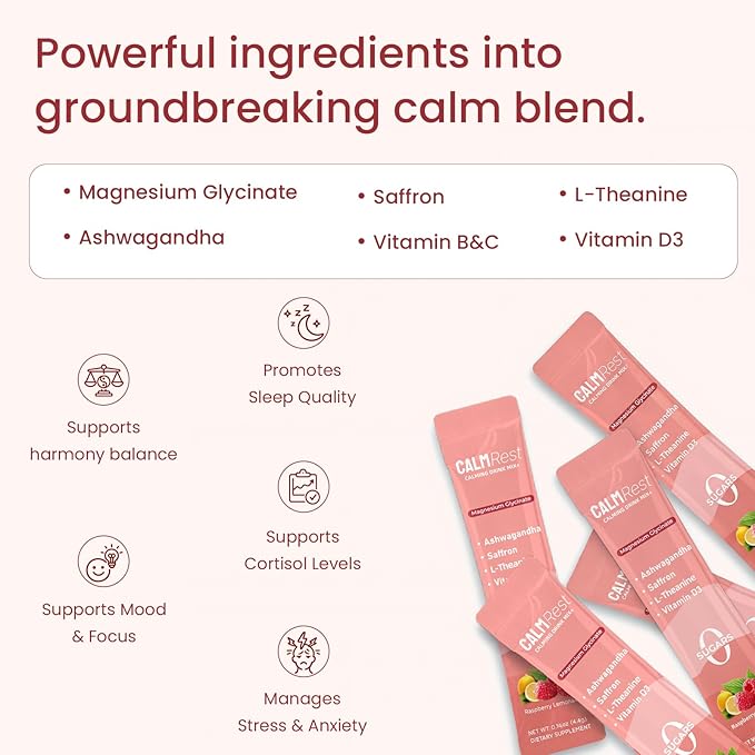 Calm Magnesium Powder, Cortisol Supplement for Women, Supports Sleep, Stress Relief & Relaxation with Ashwagandha, Saffron, L Theanine, Vitamin D3, No Sugar, 30Ct, Raspberry Lemonade