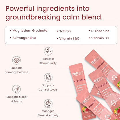 Calm Magnesium Powder, Cortisol Supplement for Women, Supports Sleep, Stress Relief & Relaxation with Ashwagandha, Saffron, L Theanine, Vitamin D3, No Sugar, 30Ct, Raspberry Lemonade
