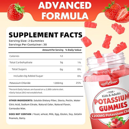 softbear Potassium Gummies for Adults, Sugar Free Potassium Chloride Gummies 1200mg Support Leg Cramps & Electrolyte Balance High Potency Potassium Supplement, Strawberry Flavor 120 Count