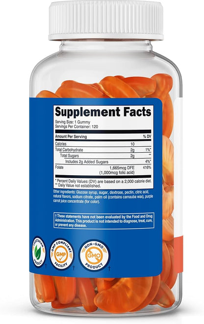 Nutricost Folic Acid (Vitamin B9) Vegetarian Gummies (120 Gummies, 1 mg Folic Acid Per Serving) - Supplement for Men & Women