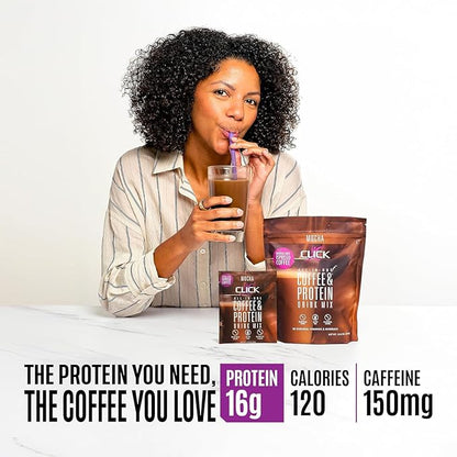 Click Coffee Protein, Protein & Real Coffee All-in-One, Meal Replacement Nutrition Drink, Mocha Flavor, 23 Essential Vitamins, Double Shot Espresso Coffee, Hot or Cold, 15.8-Ounce