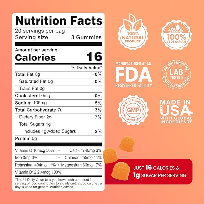 Day One Electrogummies - 60pcs. of Peach Mango Flavored Electrolyte Gummies for Hydration - Packed with Essential Electrolytes Ideal for Workouts, Running, Hiking and More
