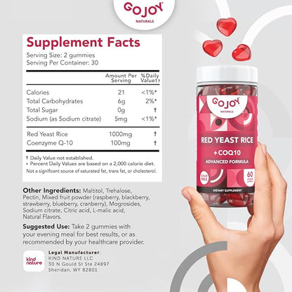 GOJOY Naturals Red Yeast Rice with CoQ10 Gummies - Sugar-Free Heart Health Supplement - Red Rice Yeast 1000mg + CoQ10 100mg - Citrinin-Free, Vegan, Non-GMO