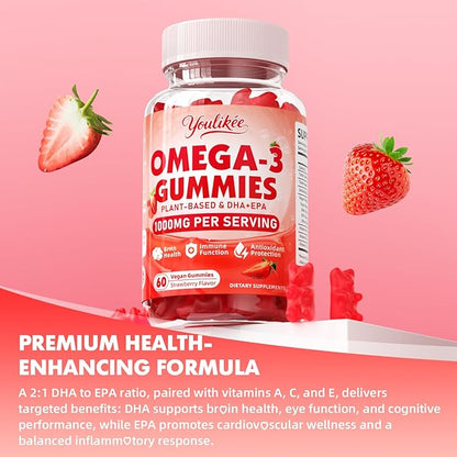 Vegan Omega-3 Gummies 1000mg, Omega 3 Fish Oil Alternative for Adults, Plant Based DHA 460mg & EPA 230mg w/Vitamin A, C, E - Supports Immune Function, Sugar Free, Strawberry Flavor, 60 Count