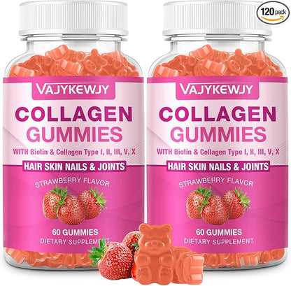 2-Pack Collagen Gummies for Women & Men - with Biotin, Vitamin C, & Zinc for Skin Radiance, Hair Growth, Strong Nails, & Joint Support, 120 Count