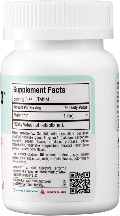 Maxi Health Melatonin 1mg Chewable - Sleep aid Melatonin to Encourage Natural Sleep – Non-Habit Forming Supplement with Enzymax for Fast-Acting Support Kosher (100 Units)