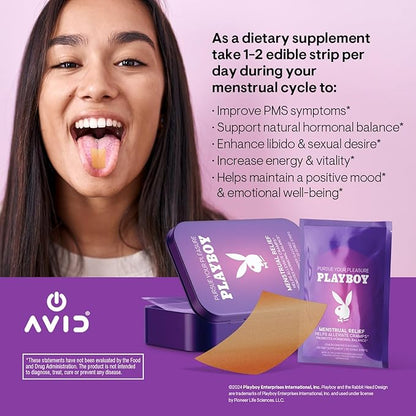 AVID Playboy - Menstrual Relief PMS Oral Strips (30 Edible Strips) Fast Dissolving PMS Cramp Relief & Hormonal Balance Strips for Women - Lemon Ginger Flavored Multi-Benefit PMS Supplement for Women