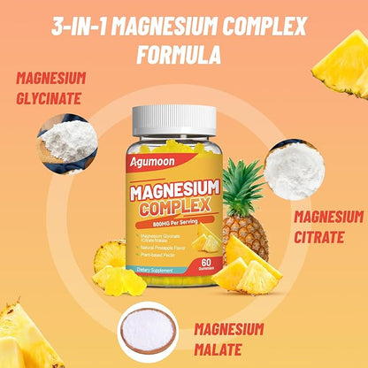 Magnesium Complex Gummies 800mg with Zinc & Vitamins B6, B12, C, D3, 60 Pineapple Gummies, High Absorption Glycinate, Citrate, Malate, Non-GMO, Gluten-Free