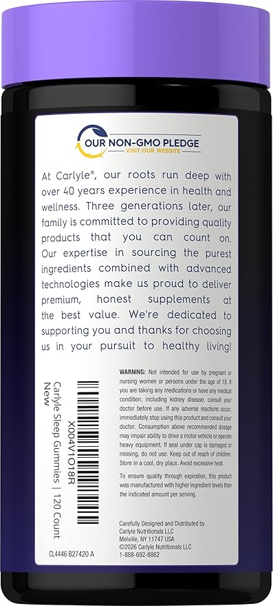 Carlyle Sleep Gummies with Melatonin and Magnesium | 120 Count | Blueberry Pomegranate Flavor | Support Complex with L-Theanine | Vegan, Non-GMO, Gluten Free