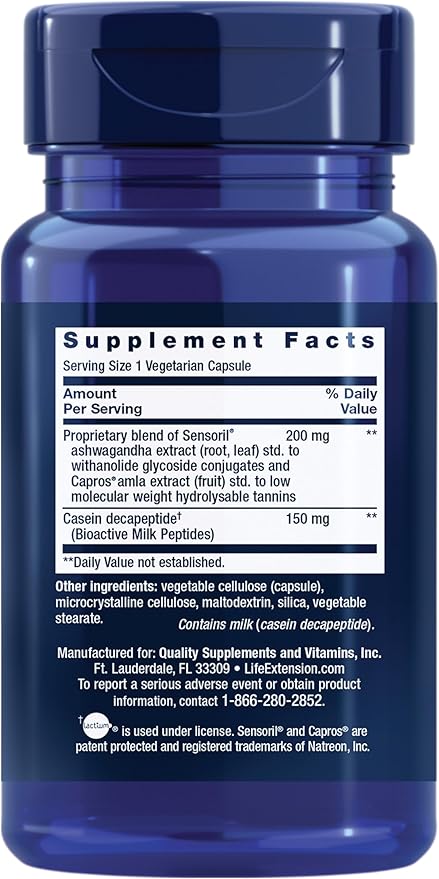 Life Extension Enhanced Sleep Without Melatonin, ashwagandha, amla, Casein Milk peptides, melatonin-Free Supplement for Sleep & Stress Support, Gluten-Free, Non-GMO, Vegetarian, 30 Capsules