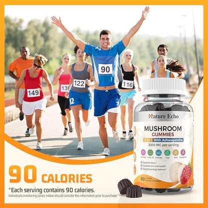 15 in 1 Mushroom Complex Gummies & Ashwagandha Gummies 3000 mg - Lions Mane, Reishi, Turkey Tail & More | Mushroom Supplement for Cognitive Function, Focus & Memory | Raspberry Gummies| Sugar-Free