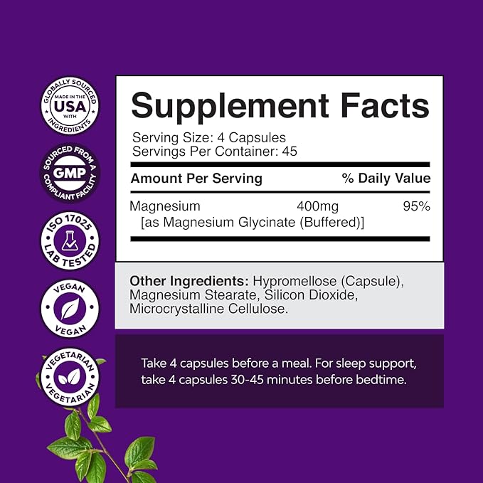 Pure Magnesium Glycinate Supplement 400mg Per Serving - Vegan High Absorption Chelated Magnesium Capsules for Women & Men with Elemental 400mg for Mood Sleep and Relaxation Support - 180 Count