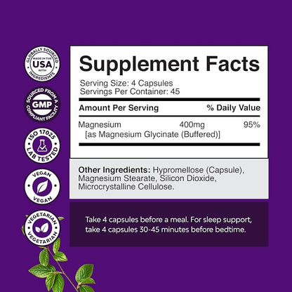 Pure Magnesium Glycinate Supplement 400mg Per Serving - Vegan High Absorption Chelated Magnesium Capsules for Women & Men with Elemental 400mg for Mood Sleep and Relaxation Support - 180 Count