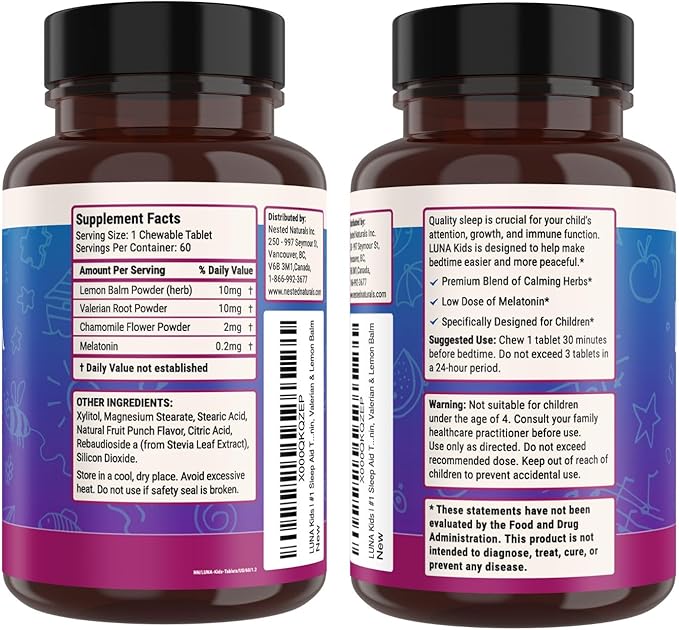 Nested Naturals Luna Kids Sugar-Free Sleep Aid Tablets for Children 4+ - Naturally Sourced Ingredients - Herbal Sleep Supplement with Chamomile, Melatonin, Valerian & Lemon Balm - 60 Chewable Tablets