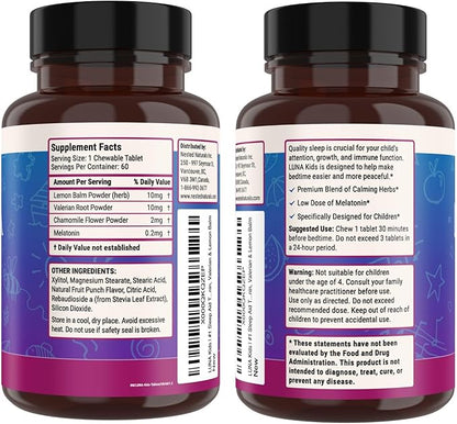 Nested Naturals Luna Kids Sugar-Free Sleep Aid Tablets for Children 4+ - Naturally Sourced Ingredients - Herbal Sleep Supplement with Chamomile, Melatonin, Valerian & Lemon Balm - 120 Chewable Tablets