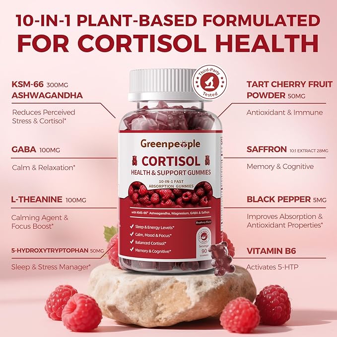 GREENPEOPLE Cortisol Supplements for Women & Men - Cortisol Reducer Detox Manager w/KSM-66 Ashwagandha/Magnesium/L-theanine/GABA/Vitamin B6 for Mood/Sleep/Stress Relief 90 CT Raspberry Flavor Gummies