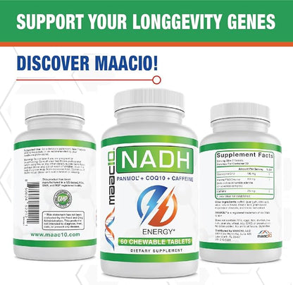 MAAC10 Energy Booster - with NADH, Caffeine & Coq10 Fast Acting Chewable Tablets - Great for Fatigue, Energy & Mental Focus.