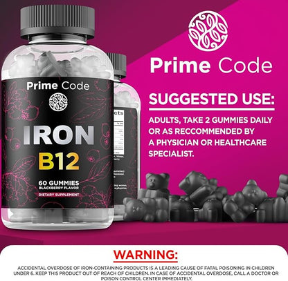Vitamin B12 Gummies for Women & Men, 20mg Iron Supplement for Adults, Free Blood Builder for Anemia, Vitamin B12 Gummies with Iron & Natural Blackberry Flavor, Vegan, Non-GMO, 30 Day Supply