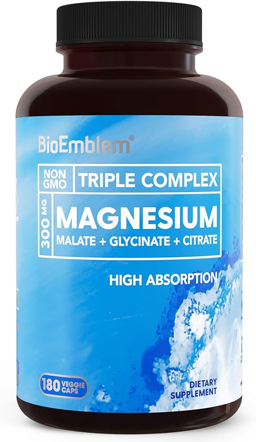 BioEmblem Triple Magnesium Complex | 300mg of Magnesium Glycinate, Malate, & Citrate for Muscles, Nerves, & Energy | High Absorption | Vegan, Non-GMO (180 Capsules)