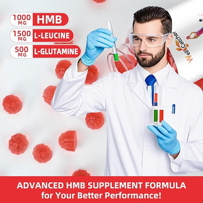 HMB and Leucine Amino Acid Gummies: HMB Supplements for Men Women with L-Glutamine for Muscle Growth Fast Workout Recovery, Sugar Free Vegan Non-GMO Strawberry Flavored 30 Day Supply