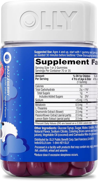 OLLY Kids Sleep Gummies, 0.5mg Melatonin, L Theanine, Chamomile, and Lemon Balm, Raspberry - 70 Count