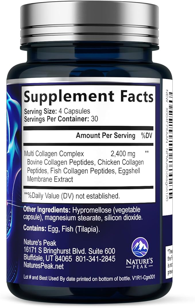 Multi Collagen Peptides Supplement for Hair, Nail, Skin - Type I, II, III, V, X, Collagen Powder Pills - Grass-Fed, Hydrolyzed for Bone and Joint Support for Women & Men, Non-GMO - 120 Capsules