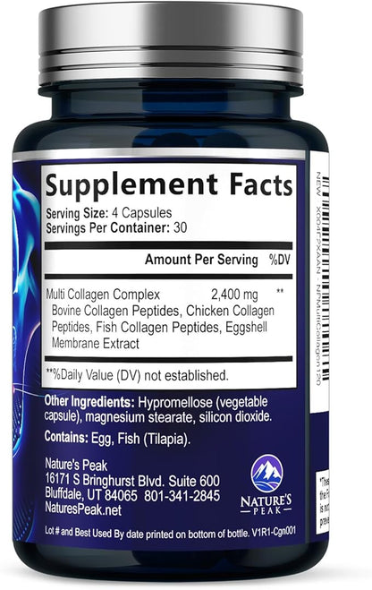 Multi Collagen Peptides Supplement for Hair, Nail, Skin - Type I, II, III, V, X, Collagen Powder Pills - Grass-Fed, Hydrolyzed for Bone and Joint Support for Women & Men, Non-GMO - 120 Capsules