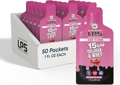 Nutritional Designs LPS Liquid Collagen & Whey Protein Supplement - Non-GMO Drink, Sugar-Free - Promotes Healthy Skin & Hair for Men & Women, Watermelon, Single Serve (50 Packets)