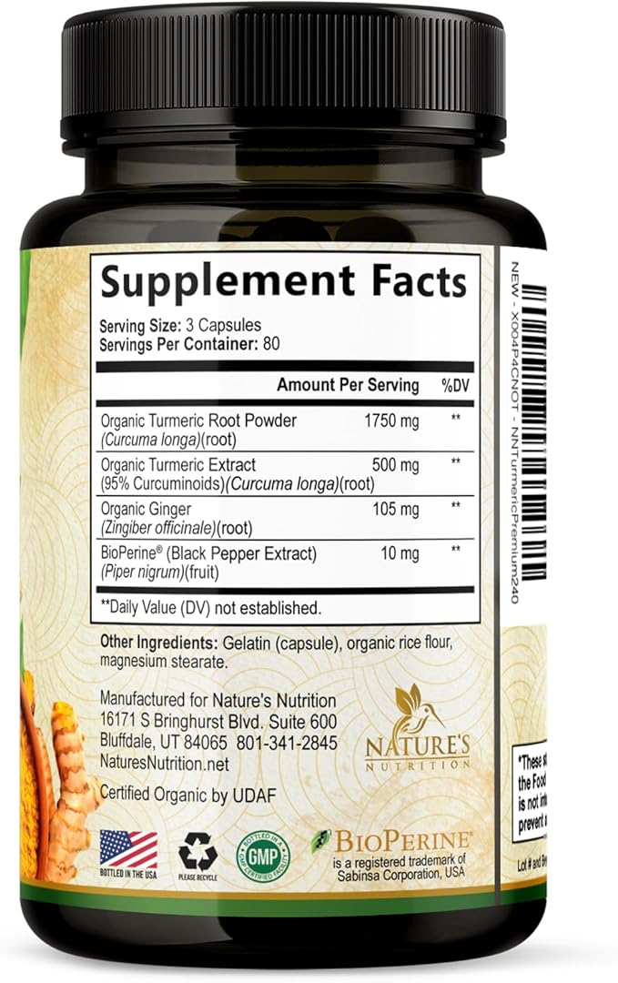 Turmeric Curcumin Supplement 2350mg - 95% Curcuminoids with Organic Turmeric & Ginger, BioPerine Black Pepper for Best Absorption, Nature's Vegan Joint Support, Non-GMO, Bottled in USA - 240 Capsules