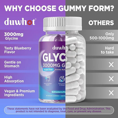 duwhot Glycine Gummies, 3g(3000 mg) Glycine Supplements for Sleep, Detox, Relax, Nerve Support, Blueberry Flavor, Sugar-Free, Vegan, Non-GMO, Gluten-Free, 120 Ct.