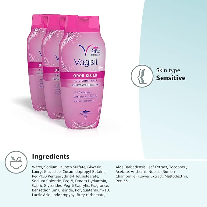 Vagisil Feminine Wash for Intimate Area Hygiene, Odor Block, Gynecologist Tested, Hypoallergenic, 12 oz, (Pack of 3)
