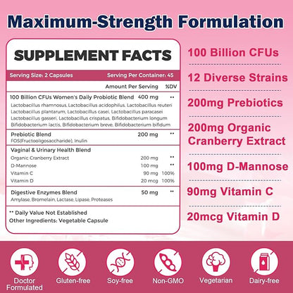 ZEBORA Vaginal Probiotics for Women 100 Billion CFUs, Probiotic for Digestive Health & Vaginal pH Balance & Urinary Tract Health, with Organic Cranberry & Prebiotics, 90 Veggie Capsules