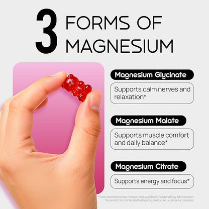 Magnesium Glycinate Gummies for Kids & Adults Melatonin Free Calm Magnesium Gummies with Citrate, Malate, B6, D3, Calcium & L-Theanine for Sleep Relaxation, Bone & Muscle Magnesium for Kids | 60 Count
