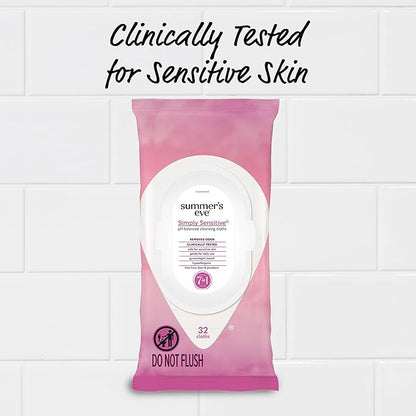 Summer's Eve Simply Sensitive Feminine Wipes, Gentle pH-Balanced Micellar Water Based Formula Helps Control Vaginal Odor, Resealable Pack, 32 Wipes, Pack of 4