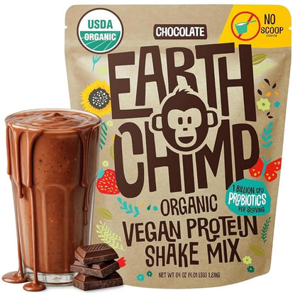 EarthChimp Organic Vegan Protein Powder - with Probiotics - Non GMO, Dairy Free, Non Whey, Plant Based Protein Powder for Women and Men, Gluten Free - 52 Servings 64 Oz (Chocolate) No Scoop