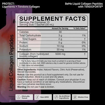 BeMe Liquid Collagen Peptides - Tendon & Ligament Supplements for Injury Prevention & Tissue Repair. Liquid Shots with TENDOFORTE for Active Recovery, Gym Performance Athletes - 15 Grapefruit Sachets