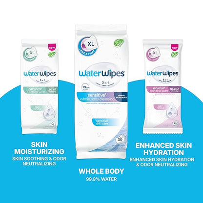 WaterWipes Sensitive Whole Body Cleansing Wipes, 99.9% Purified Water, XL Textured Wipes, Incontinence Care, Fragrance Free, 360 Count (12 Packs)