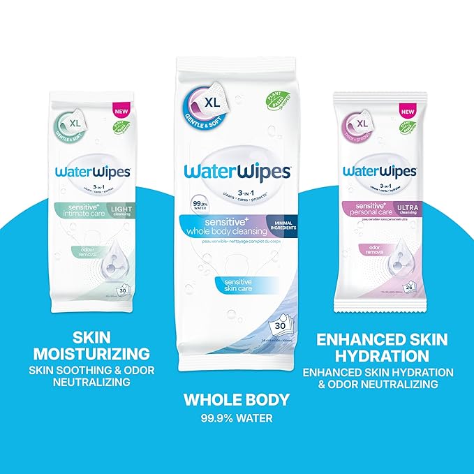 WaterWipes Sensitive Whole Body Cleansing Wipes, 99.9% Purified Water, XL Textured Wipes, Incontinence Care, Fragrance Free, 720 Count (24 Packs)