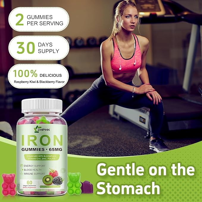 Iron Gummies for Women Men Vitamin Supplement 65mg & Vitamin C 250mg Per Serving with B6 B12 Folate- Energy Support for Iron Deficiency, Anemia, Vegan Raspberry Kiwi & Blackberry Flavor, 120 Gummies