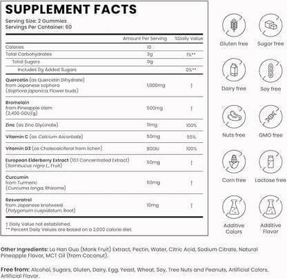 8-in-1 Quercetin with Bromelain Gummies 1000mg, High Potency Organic Quercetin Supplement with Zinc & Vitamin C, Elderberry, Seasonal Wellness & Immune Support, Vegan, Sugar Free, 120 Gummies