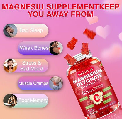 Magnesium Glycinate Gummies 600mg – Sugar Free Magnesium & Potassium Dietary Supplement with Vitamin D, B6 and CoQ10 for Calm Support & Sleep for Adults - High Absorption - Raspberry Gummies