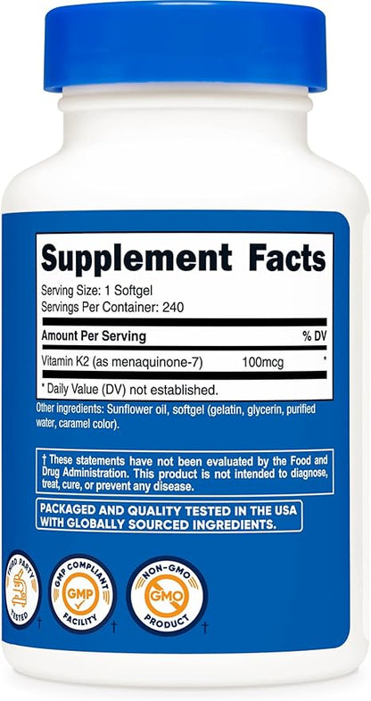 Nutricost Vitamin K2 MK-7 100 mcg, 240 Softgels - Gluten Free and Non-GMO MK7