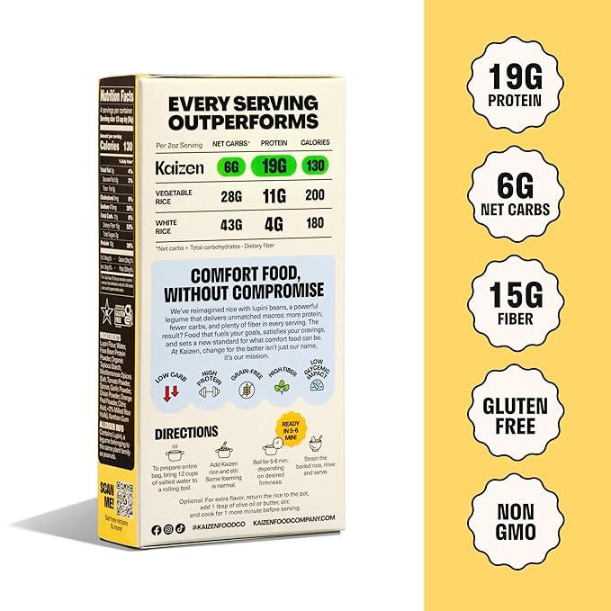 Kaizen Mediterranean Protein Rice, 20g Protein, Low Carb (6g Net Carbs), Keto-Friendly, Gluten-Free, Made with Plant-Based Lupini Beans, High Fiber, 8 Ounce, Pack of 3