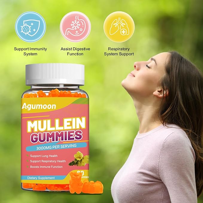 2PACK 3000MG Mullein Gummies, Extra Strength Mullein Leaf Extract with Quercetin, Bromelain for Lung Detox & Immune Support, Mango Flavor, 120 Count