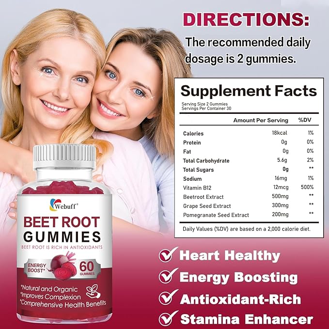 Beet Root Gummies — Nitric Oxide Booster with Organic Beet, Pomegranate & Grape Seed, Vitamin B12 — Energy, Circulation & Heart Health Support, Vegan, Non-GMO, 60 Count (Pack of 2)