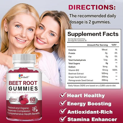 Beet Root Gummies — Nitric Oxide Booster with Organic Beet, Pomegranate & Grape Seed, Vitamin B12 — Energy, Circulation & Heart Health Support, Vegan, Non-GMO, 60 Count (Pack of 1)