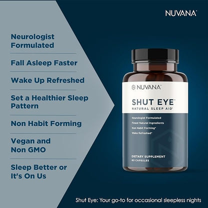 Shut Eye Natural Sleep Aid Supplement for Adults | 5mg Melatonin | Helps Relax and Promote Natural Deep Sleep with Valerian Root, Chamomile & Magnesium | Vegan & Non-GMO | 60 Capsules
