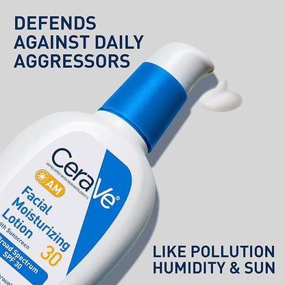 CeraVe AM Facial Moisturizing Lotion with SPF 30, Oil-Free Face Moisturizer with SPF, Formulated with Hyaluronic Acid, Niacinamide & Ceramides, Non-Comedogenic, Broad Spectrum Sunscreen, 3 Ounce