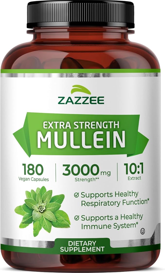 Zazzee Extra Strength Mullein Leaf 10:1 Extract, 180 Vegan Capsules, 6 Month Supply, Verbascum Thapsus, Respiratory & Lung Support, Certified Kosher, 100% Pure Leaf Powder, Non-GMO, Made in the USA