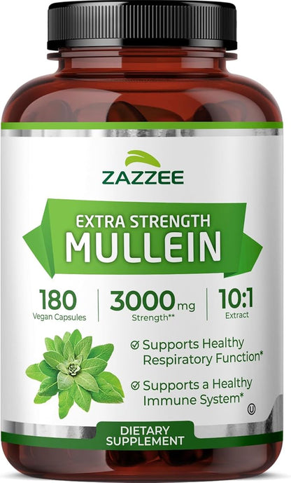 Zazzee Extra Strength Mullein Leaf 10:1 Extract, 180 Vegan Capsules, 6 Month Supply, Verbascum Thapsus, Respiratory & Lung Support, Certified Kosher, 100% Pure Leaf Powder, Non-GMO, Made in the USA